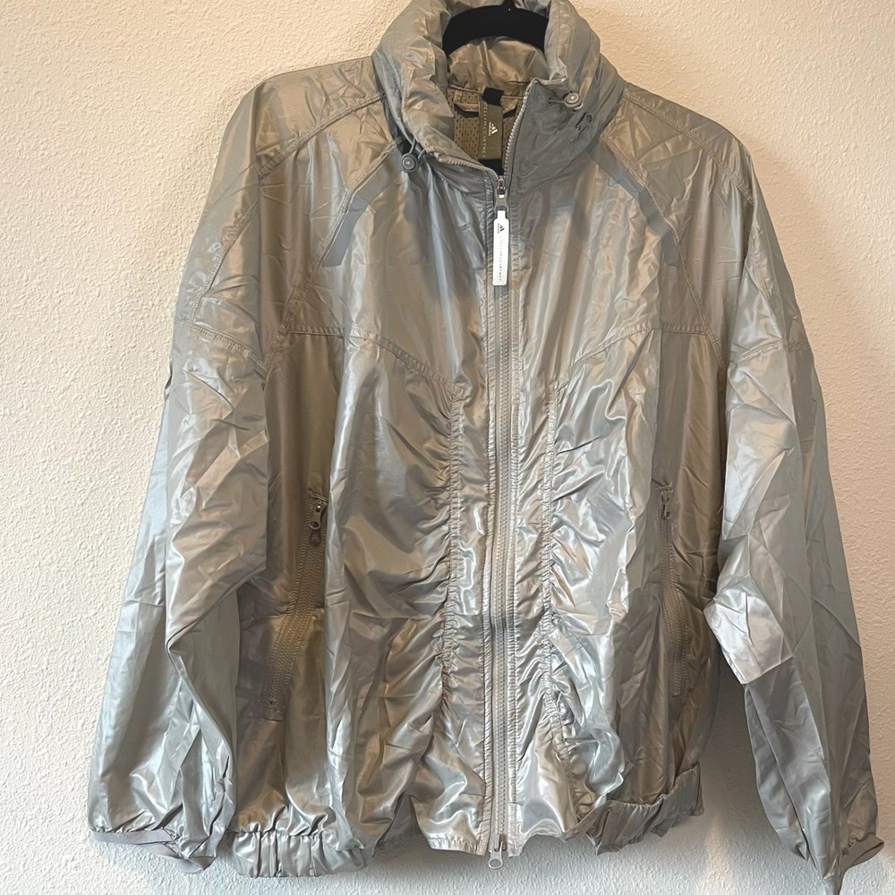 Adidas by Stella McCartney Metallic Silver Ruched Windbreaker Jacket Large L - Picture 3 of 14